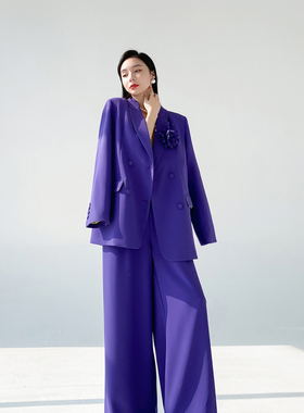 AKSAYA高端定制设计感时髦洋气气质紫色西装外套套装阔腿裤女春秋
