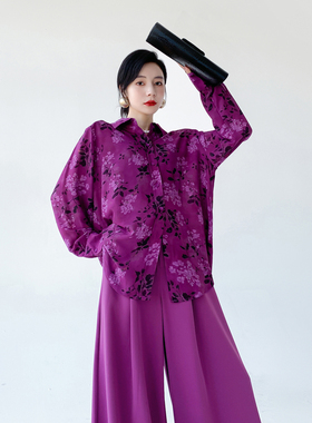 AKSAYA高级感港风复古时髦洋气紫色印花衬衫宽松长袖衬衣女春秋