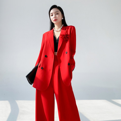 时髦洋气大红色休闲西装外套套装