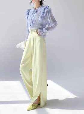 AKSAYA高级感薄款高腰阔腿裤拖地长裤直筒垂感黄色休闲裤女春夏季