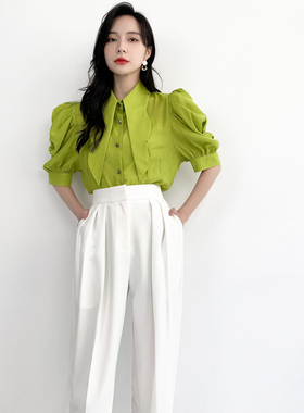 AKSAYA高级感时尚洋气白色长裤女绿色高腰休闲裤子2024年春夏新款