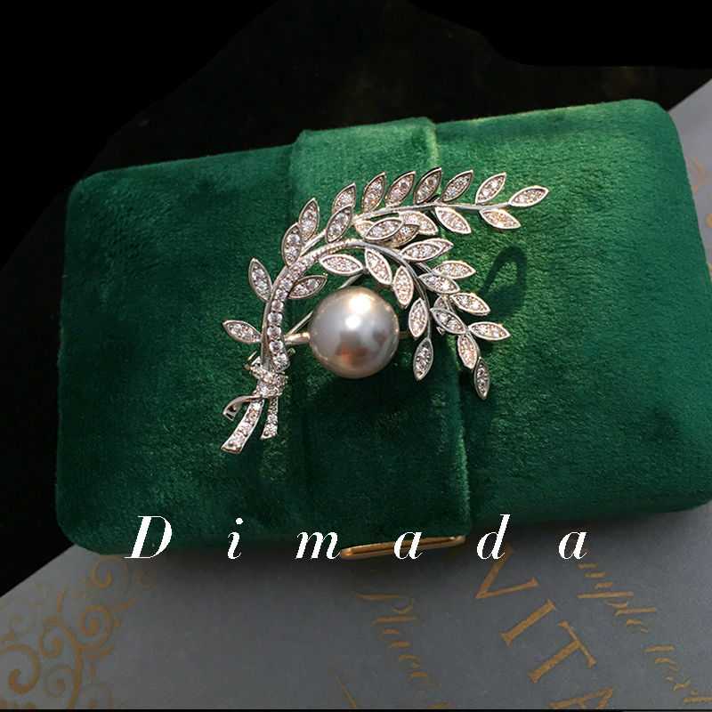 dmd迪曼达女珍珠橄榄叶胸针精致