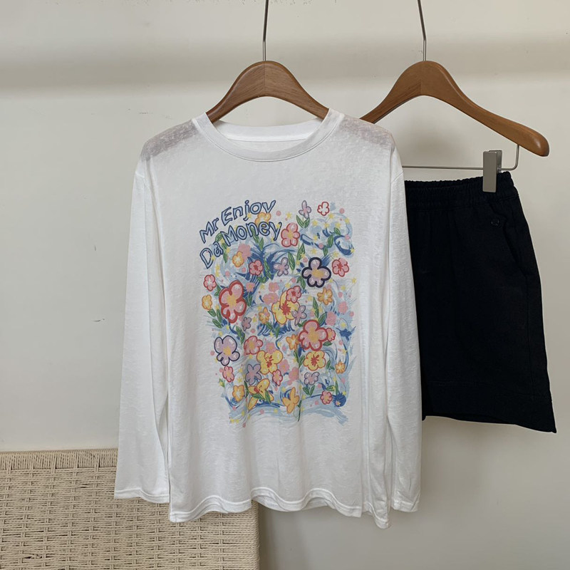夏季莱赛尔长袖T恤女款白色圆领休闲常规款宽松百搭防晒罩衫上衣