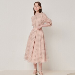 韩版藕色波点伞裙套装2025夏新款高级感欧根纱泡泡袖衬衣A字裙