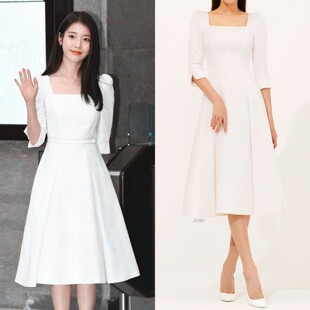 iu李智恩同款 方领礼服连衣裙 中长A字喇叭裙2025羊毛混纺过膝修身