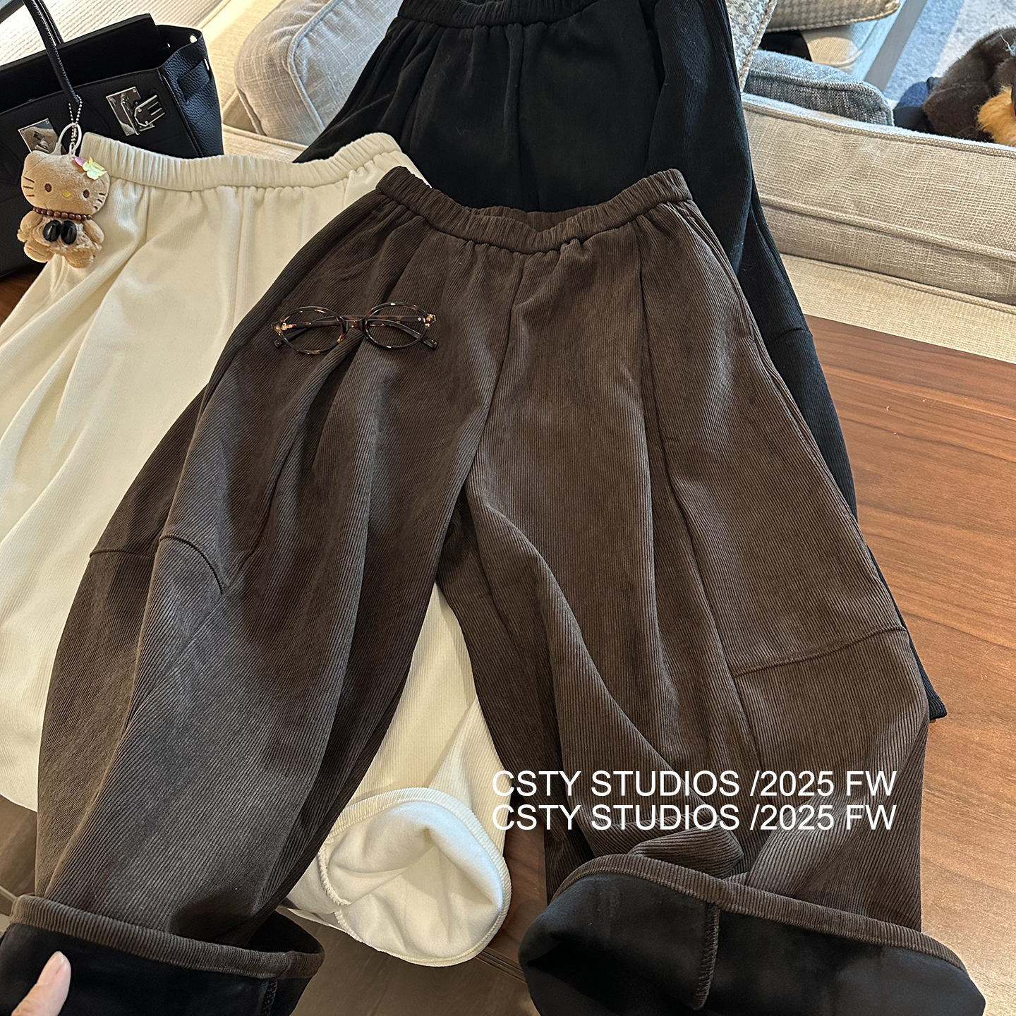 复古灯芯绒松紧腰加绒九分休闲裤女秋冬新款宽松显瘦百搭阔腿裤潮