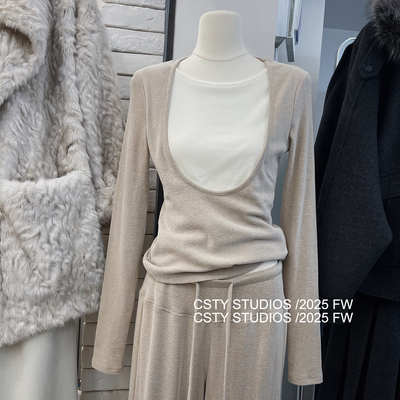 假两件长袖T恤显瘦打底衫上衣两件套女设计感圆领修身t+休闲裤子