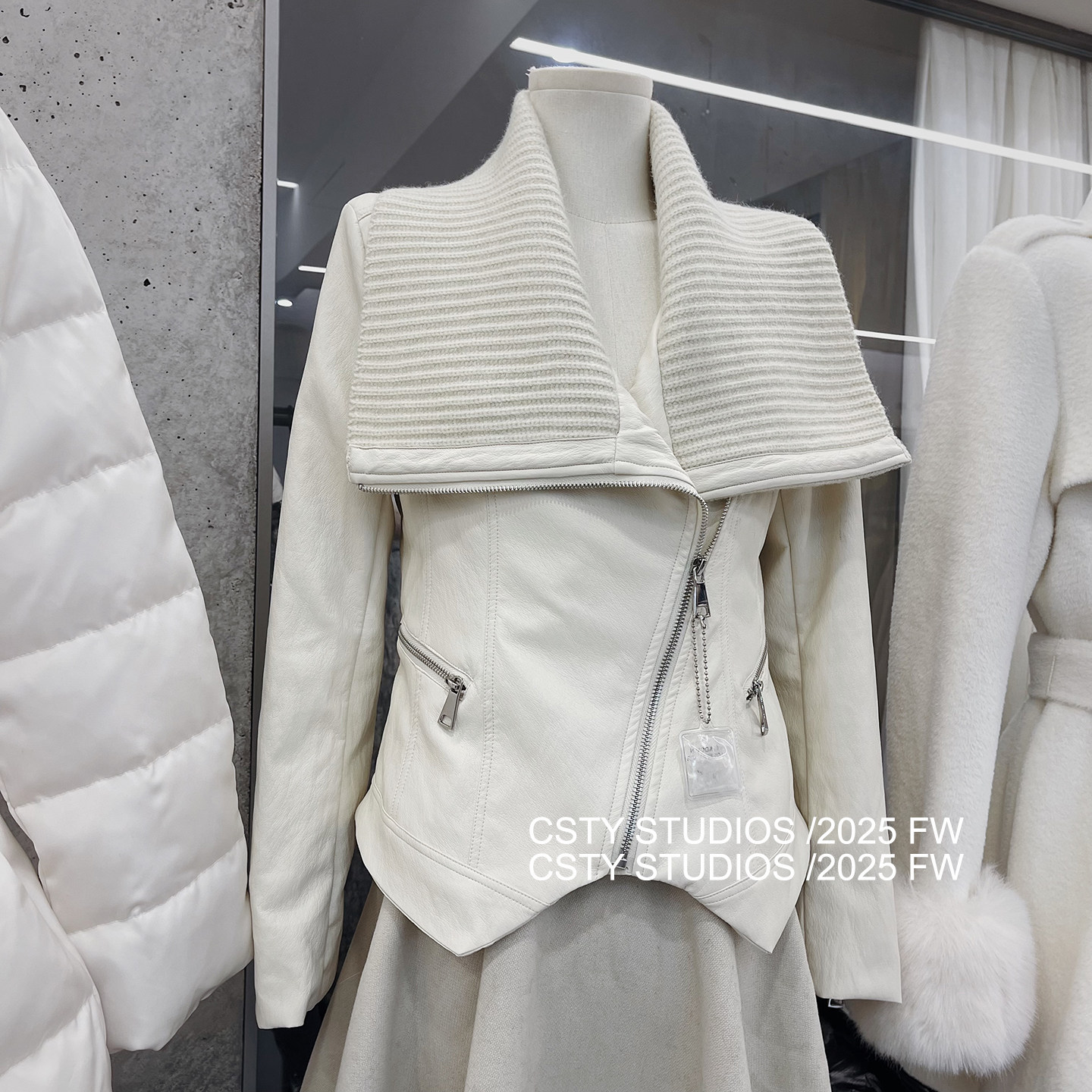 中古大翻领针织拼接PU皮拉链短外套女秋冬修身羽绒内里夹克上衣潮,女装/女士精品,短外套,淘宝优惠券,粉丝福利购,淘宝优惠卷