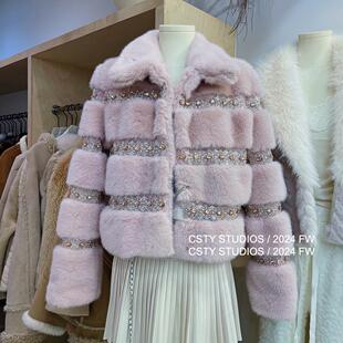 重工钉珠翻领羽绒内胆仿皮草短外套女冬季 时髦感毛茸茸上衣潮 新款