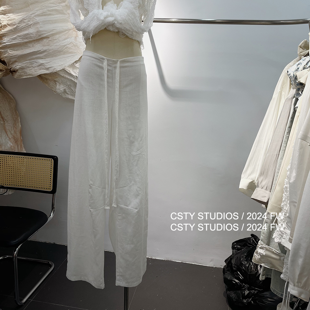 老钱风抽绳后松紧腰白色棉麻阔腿裤女夏季新款宽松显瘦直筒长裤潮