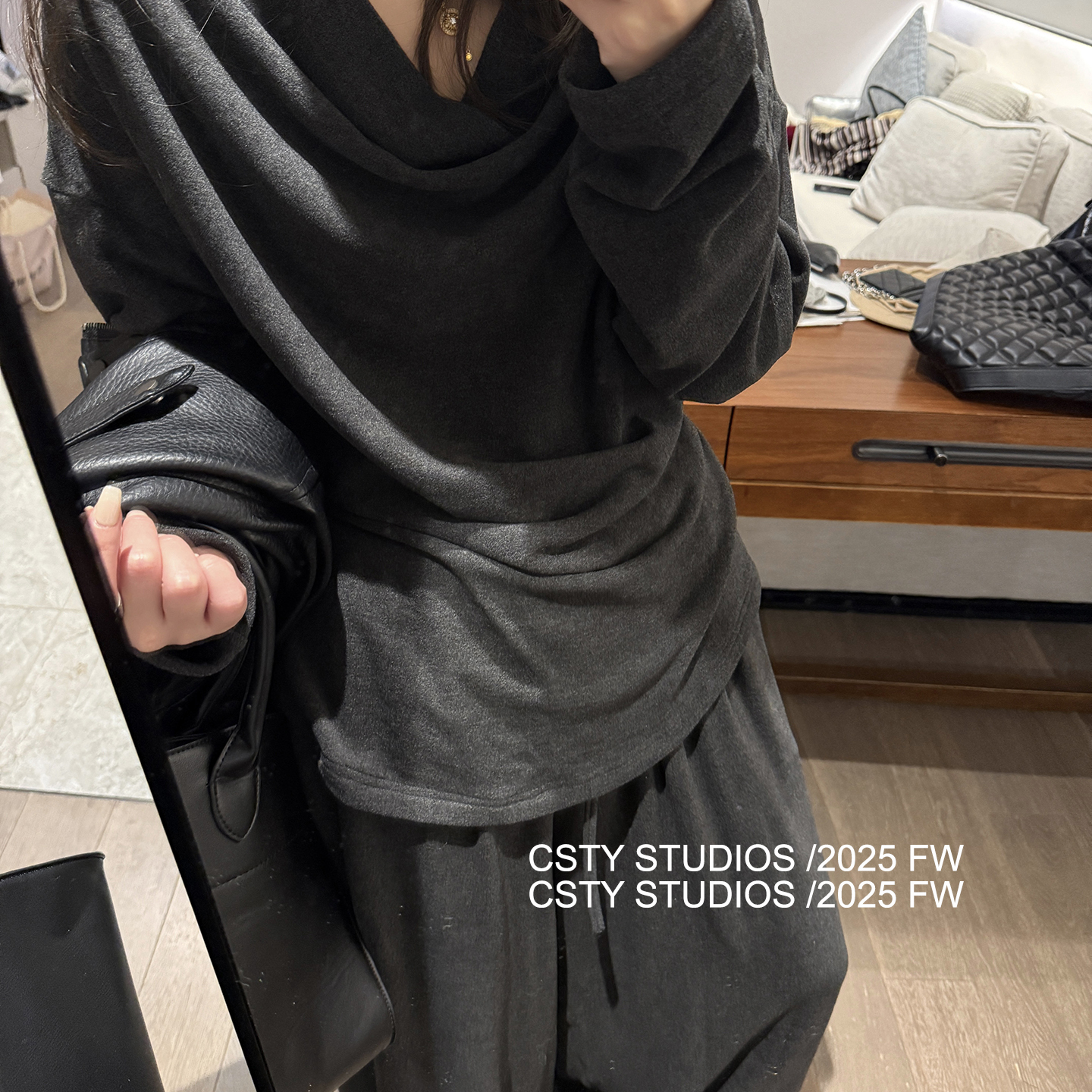 慵懒风宽松荡领不规则德绒上衣休闲阔腿裤套装女秋冬软糯两件套潮