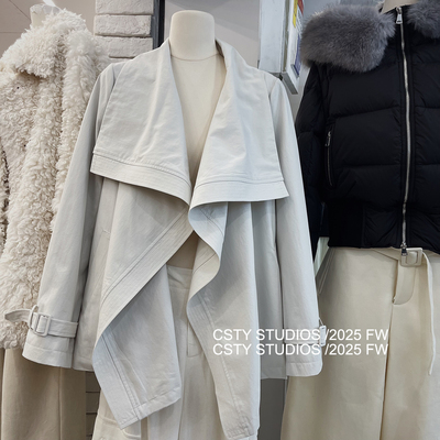 简约大翻领系带不规则短款风衣外套女春季气质显瘦格调感休闲上衣