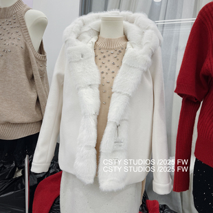 千金风连帽仿貂毛拼接短外套女冬季设计感小众羽绒内胆毛呢大衣潮