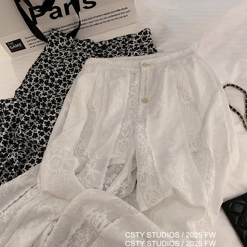 法式蕾丝勾花镂空阔腿裤女春夏新款高级感小心机直筒裤宽松长裤潮