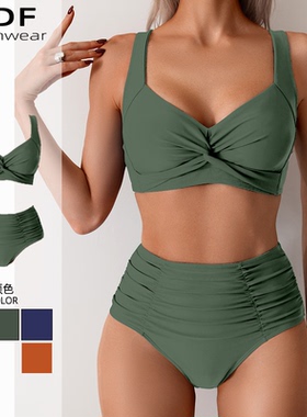 欧美ins度假风比基尼海边微胖大码性感显瘦保守高腰泳装温泉拍照