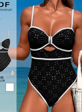 欧美连体泳衣微胖女孩遮肉高级感大码遮肚子镂空泳装游泳馆泡温泉