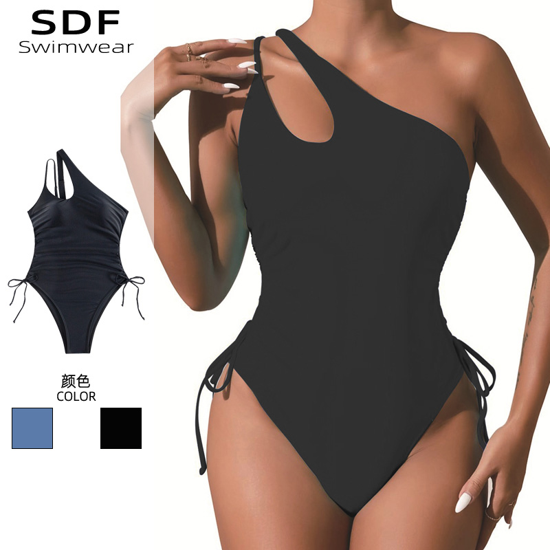 性感单肩大码胖mm泳衣成人女款保守遮肉连体游泳装女夏系带泡温泉