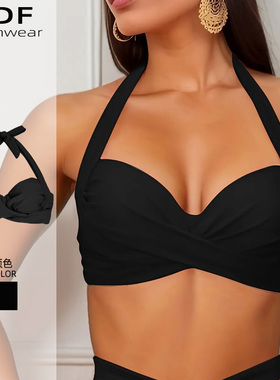 黑色大胸度假风比基尼上衣大码胖mm性感钢圈聚拢游泳衣泡温泉FG杯