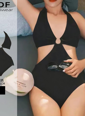 欧美黑色ins大码深V领性感泳衣女款夏遮肚显瘦连体泳装大胸泡温泉