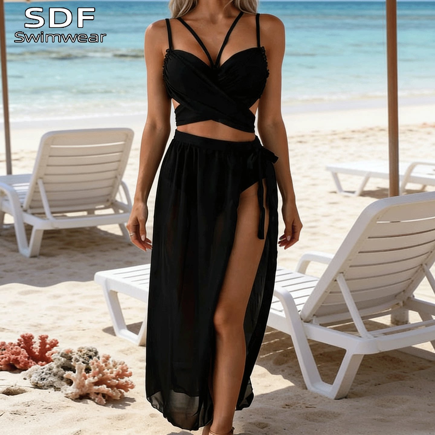 欧美大码度假风比基尼三件套大胸性感带钢圈聚拢显瘦海边分体泳衣