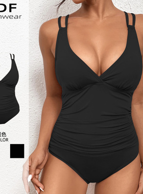 2025大码胖mm性感深V领显瘦交叉绑带露背三角连体泳衣女200斤大胸
