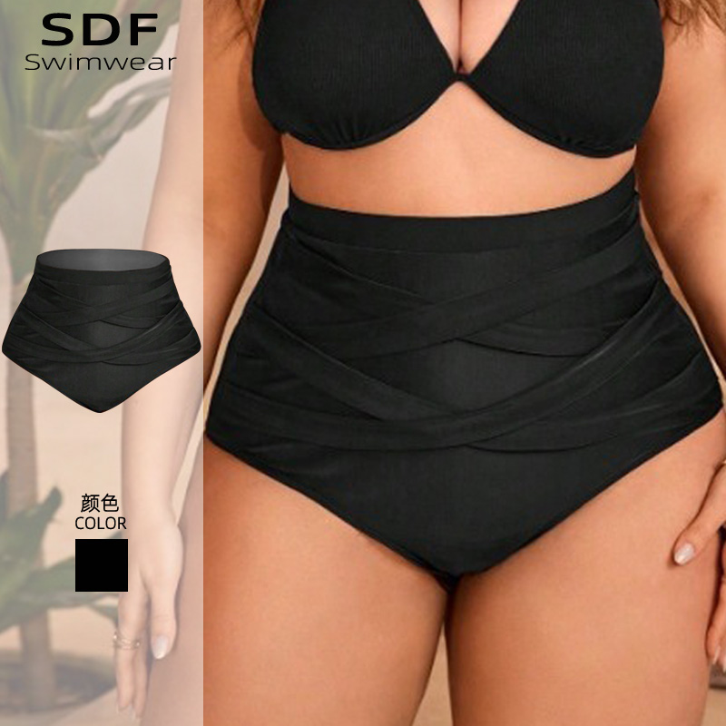 欧美黑色高腰泳裤女遮肚子防走光