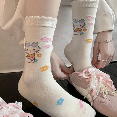 夏日泳装KT猫主题风袜子可爱女生中筒俏皮花边袜日系粉嫩小猫袜子