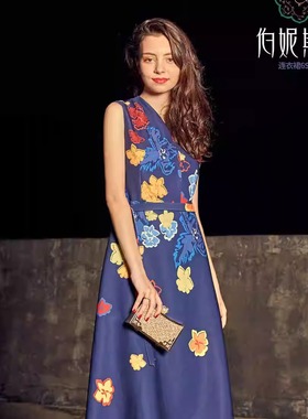 Bernieelen/伯妮斯茵文艺束腰修身无袖背心裙提花连衣裙 6S6663