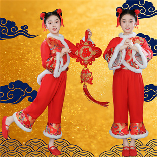 儿童古典秧歌服女红色喜庆演出服民族扇子舞打鼓服开门红