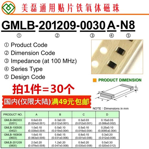铁氧体磁珠 GMLB-160808-0600P-N8 0603 600R欧 1500MA (1件30个)