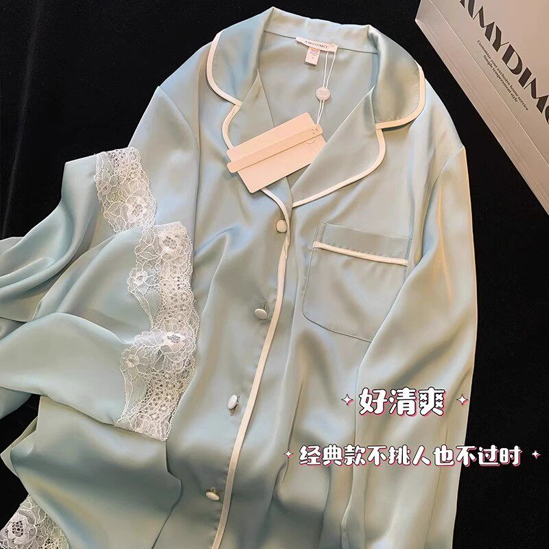 PAJAMAS WOMENS SUMMER ICE SILK LONG-SLEEVED THIN SPRING AUTUMN AND SUMMER HIGH-END INTERNET CELEBRITY STYLE PLUS-SIZE LOUNGEWEAR CAN BE WORN OUTSIDE