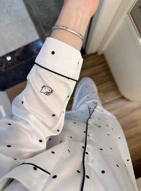 睡衣女款春秋季长袖冰雪丝绸白色波点HelloKitty家居服套装夏天薄