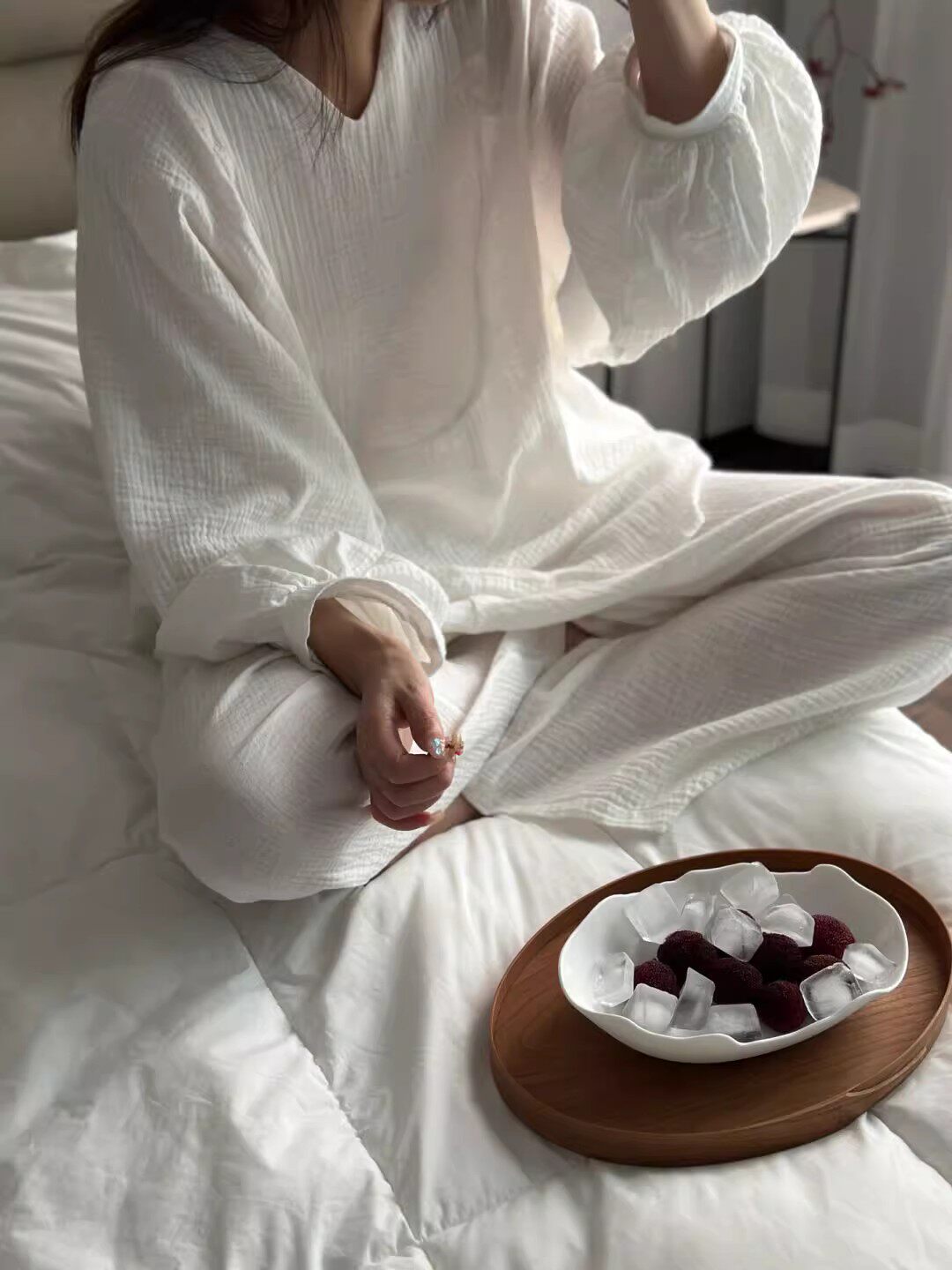 KOREAN LAZY STYLE SKIN-FRIENDLY LONG-SLEEVED COTTON PAJAMAS WOMENS SPRING AND AUTUMN COTTON GAUZE TROUSERS SOLID COLOR LOUNGEWEAR PLUS-SIZE SET
