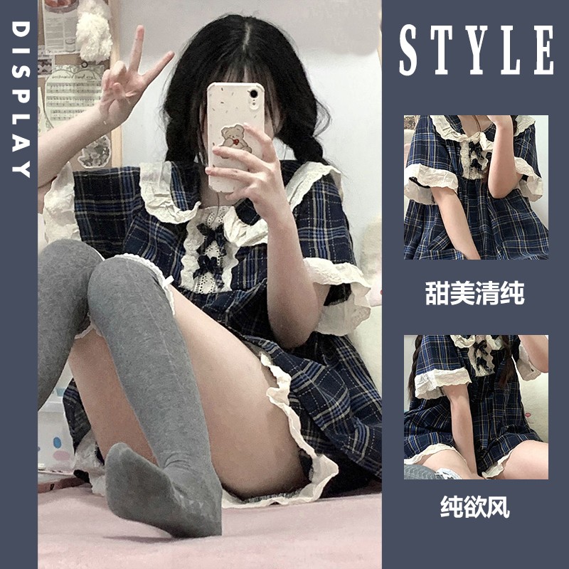 夏款日系纯欲格子短袖睡衣女少女