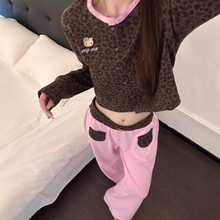 美式辣妹豹纹黑皮Kitty印花睡衣女款2025早秋新款家居服套装外穿