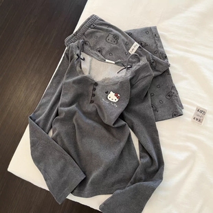 甜美少女可爱kitty猫睡衣女春秋新款蕾丝边长袖长裤家居服可外穿