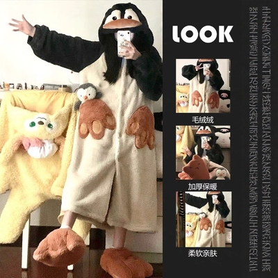 可爱企鹅连帽珊瑚绒睡衣女冬2025