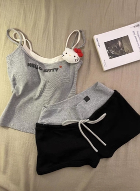 甜辣妹HelloKitty吊带睡衣女夏季可出门假两件带胸垫家居服两件套
