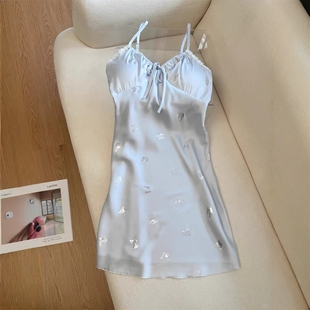 蓝色银蝶 纯欲带胸垫吊带睡裙ins风蝴蝶冰丝睡衣女家居服夏天