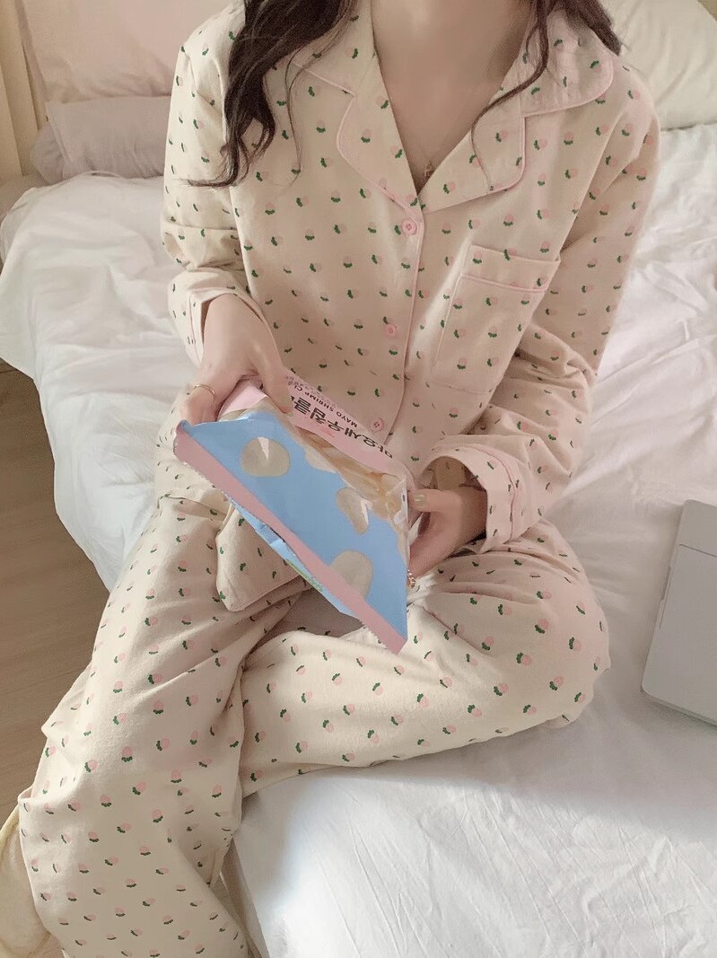 KOREAN INS CUTE LITTLE FRESH FLORAL COTTON PAJAMAS WOMENS AUTUMN AND WINTER BRUSHED COTTON LONG-SLEEVED LOUNGEWEAR CAN BE WORN OUTSIDE