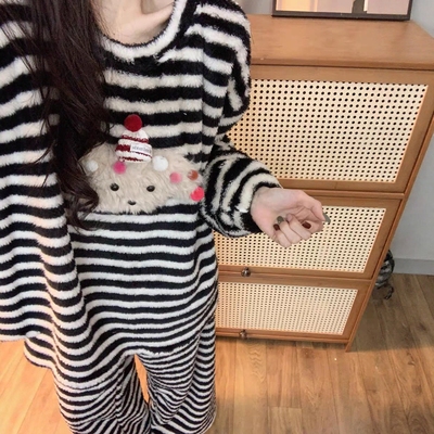 可爱条纹玩偶珊瑚绒睡衣女冬2025