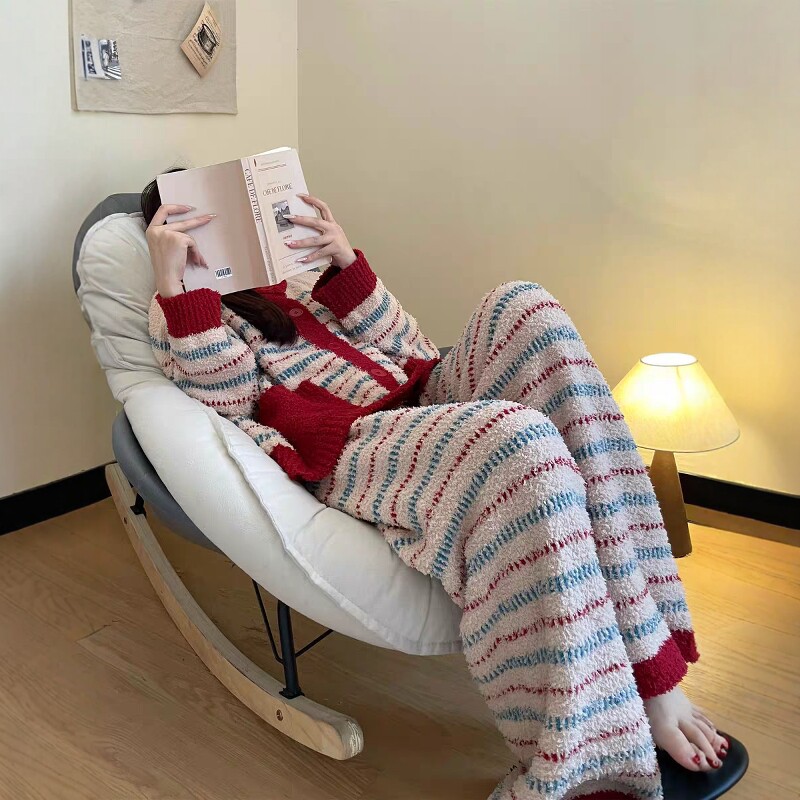 韩系高级感开衫半边绒睡衣秋冬季女款加绒加厚保暖家居服大码套装,女士内衣/男士内衣/家居服,睡衣/家居服套装,淘宝优惠券,粉丝福利购,淘宝优惠卷