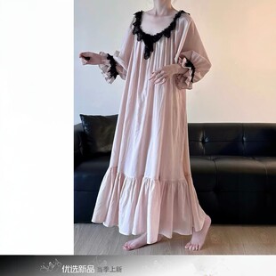 法式宫廷风甜美蕾丝花边长袖睡裙女春秋新款宽松长款家居服连衣裙