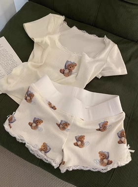 Sin Glee 小个子可爱兔子印花短袖睡衣女春季新款蕾丝花边家居服