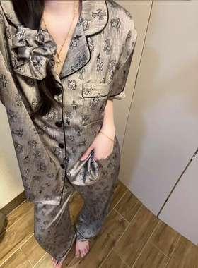 冰丝睡衣女款夏季卡通可爱HelloKitty短袖长裤三件套装薄款家居服