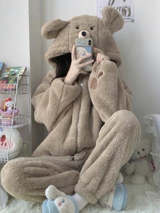 可爱小熊睡衣女秋冬季珊瑚绒加厚加绒外穿家居服套装冬款2023新款