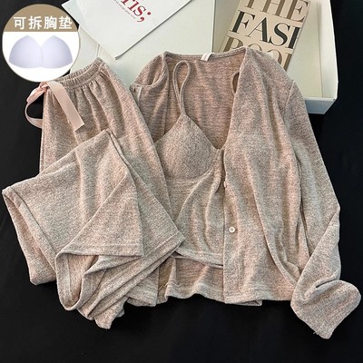 睡衣女秋冬季带胸垫纯棉三件套
