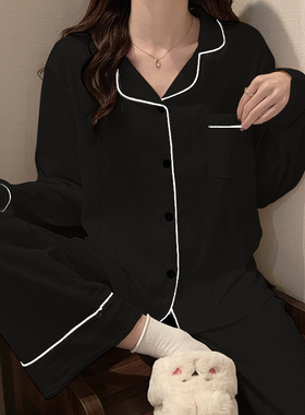 2023黑色春秋款睡衣女夏季简约ins时尚可外穿宽松大码家居服套装