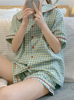 日系格子睡衣女夏小个子学生学生