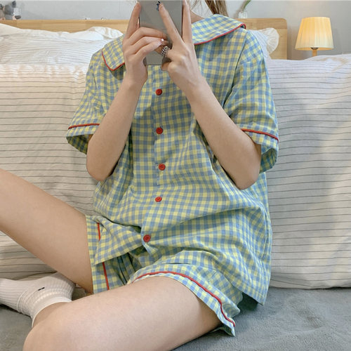 日系格子睡衣女夏小个子学生学生